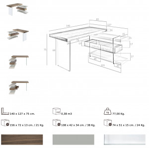 SPIRIT design üveg íróasztal - 140cm - dió/szürke