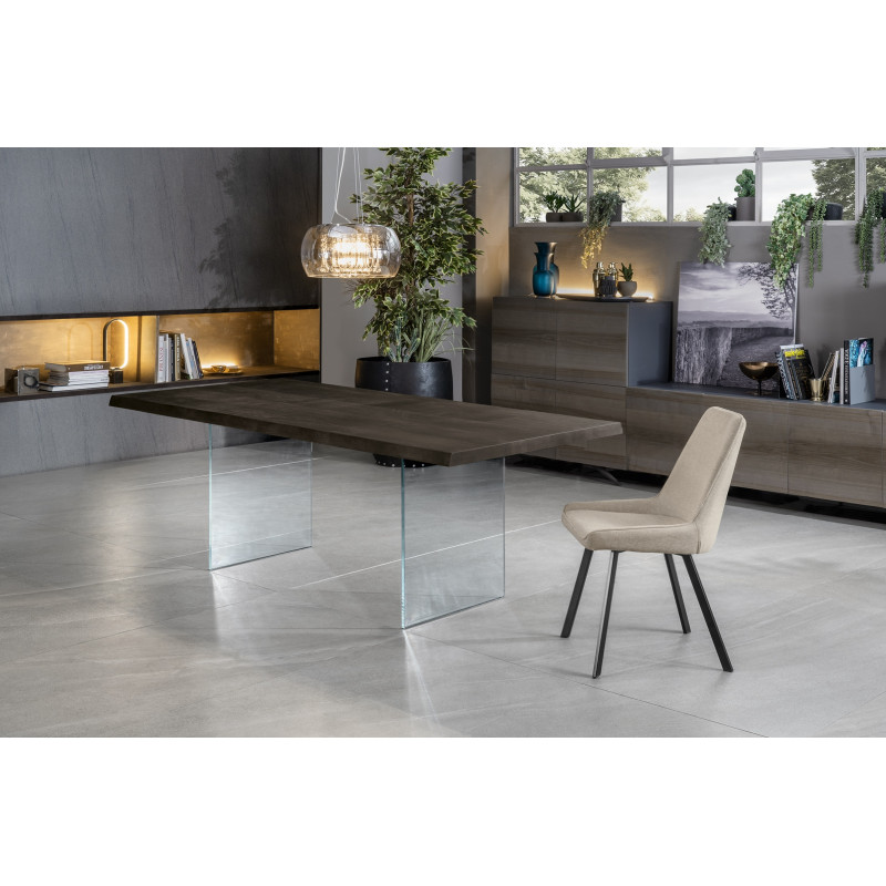 VOLARE sötét tölgyfa dekor design étkezőasztal üveg lábakkal