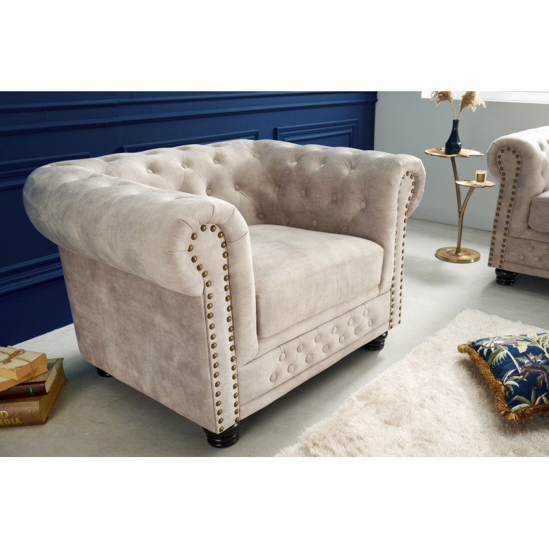 CHESTERFIELD design bársony fotel - beige