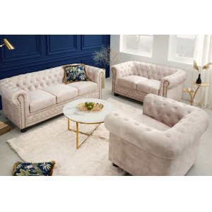 CHESTERFIELD design bársony fotel - beige