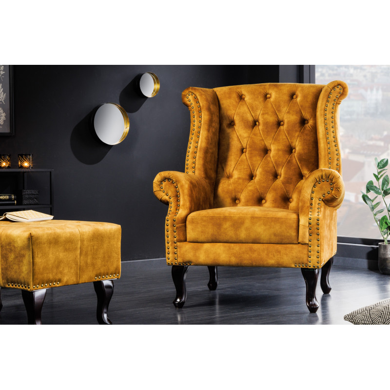 CHESTER design bársony fotel - mustár