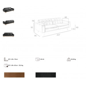 GIRONA prémium bőr kanapé - 3 személyes - fekete
