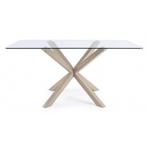 RAY modern üveg étkezőasztal - 160cm - ezüst/fehér/akác