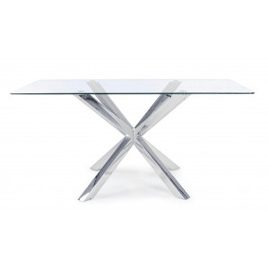 RAY modern üveg étkezőasztal - 160cm - ezüst/fehér/akác