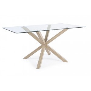 RAY modern üveg étkezőasztal - 160cm - ezüst/fehér/akác