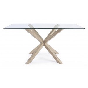 RAY modern üveg étkezőasztal - 160cm - ezüst/fehér/akác