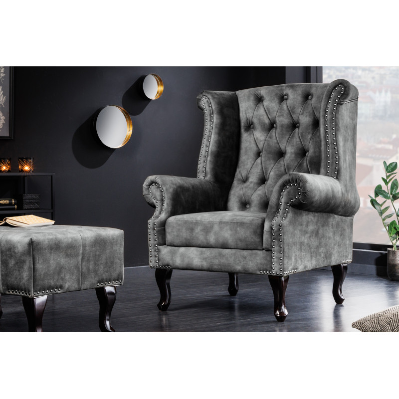 CHESTER design bársony fotel - antik szürke