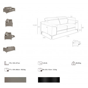 PIZARRA prémium bőr relax kanapé - 2 személyes - szürke