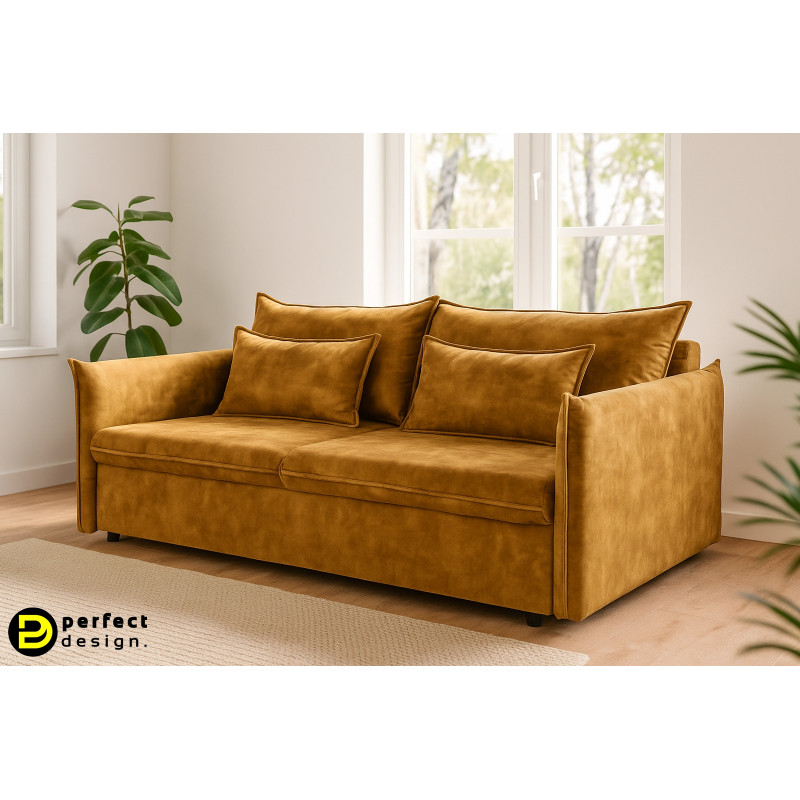 LINEA modern bársony ágyazható kanapé - 215cm - mustár