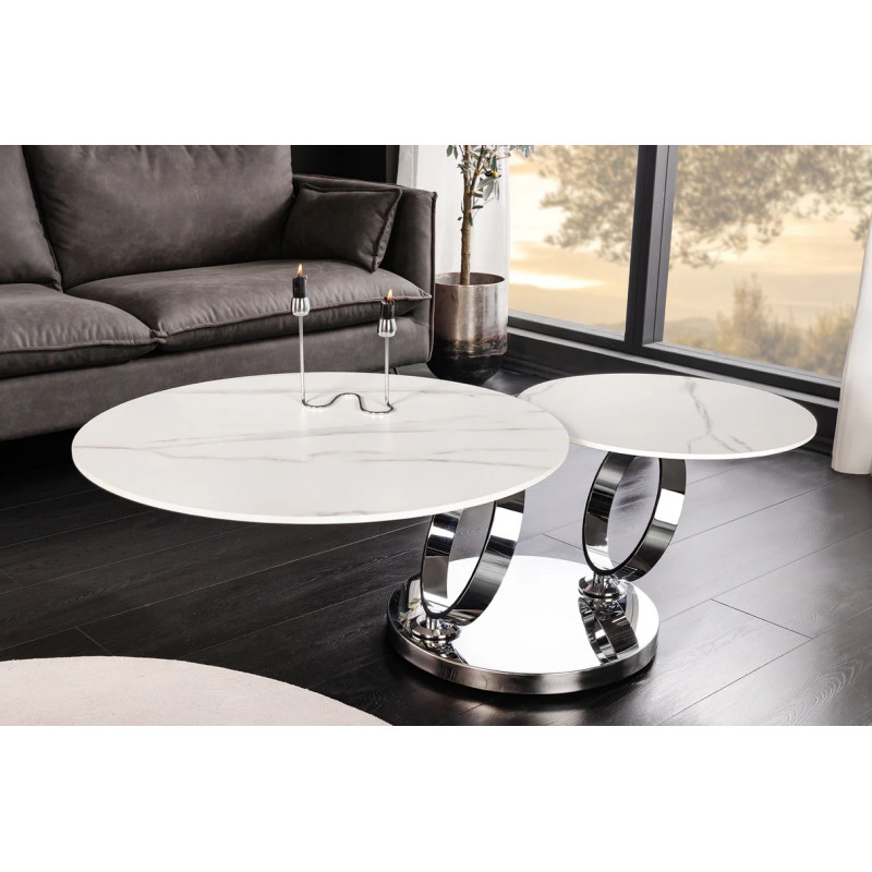 DANCING RINGS exkluzív kerámia dohányzóasztal - fehér/króm