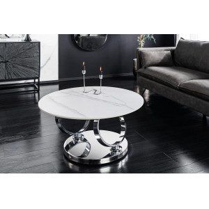 DANCING RINGS exkluzív kerámia dohányzóasztal - fehér/króm