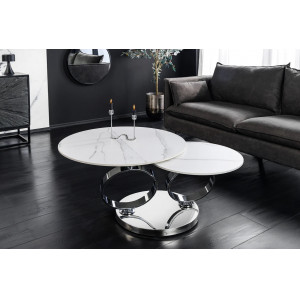 DANCING RINGS exkluzív kerámia dohányzóasztal - fehér/króm