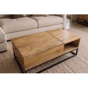 MAKASSAR FUNCTION modern mangófa dohányzóasztal tárolóval - 110cm - natúr