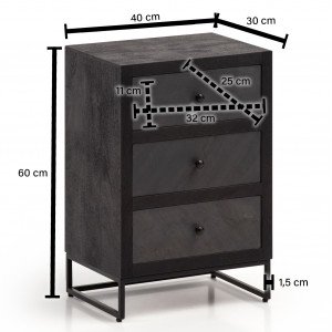 LAVINO tömör mangófa éjjeliszekrény kőhatású fronttal - 40cm - fekete