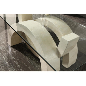 TREVISO természetes kő és üveg dohányzóasztal – 120 cm - beige