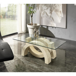 TREVISO természetes kő és üveg dohányzóasztal – 120 cm - beige