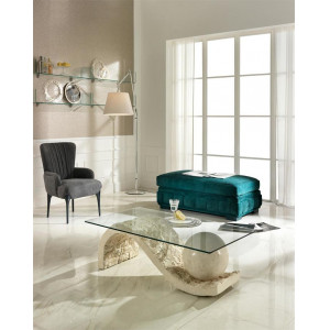ALASSIO természetes kő és üveg dohányzóasztal – 120 cm - beige