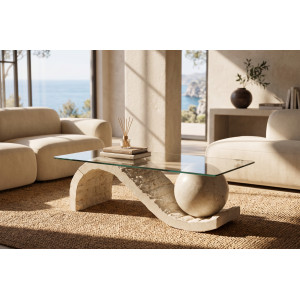 ALASSIO természetes kő és üveg dohányzóasztal – 120 cm - beige Kő