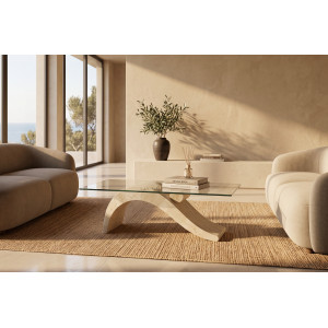 LORETO természetes kő és üveg dohányzóasztal – 120 cm -  beige Kő