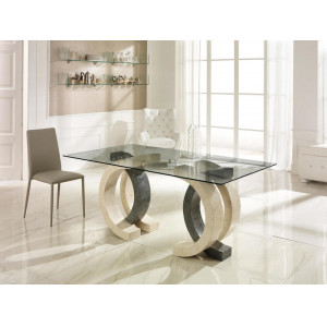 PIENZA természetes kő és üveg étkezőasztal – 180 cm - beige-szürke