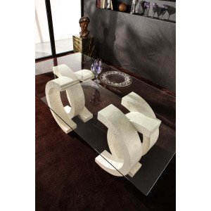 PIENZA természetes kő és üveg étkezőasztal – 180 cm - beige